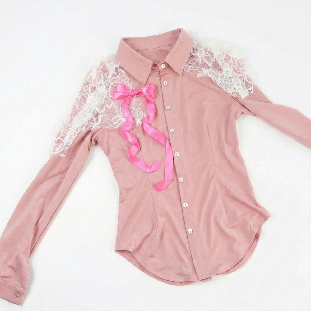 Pink ballet core romantic Lace Button-Up Shirt with satin Bow